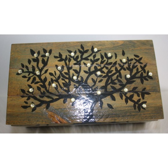 Tree Of Life Wooden Memory Box Handmade Rhinestone Embellished Stained GUC - Picture 10 of 10